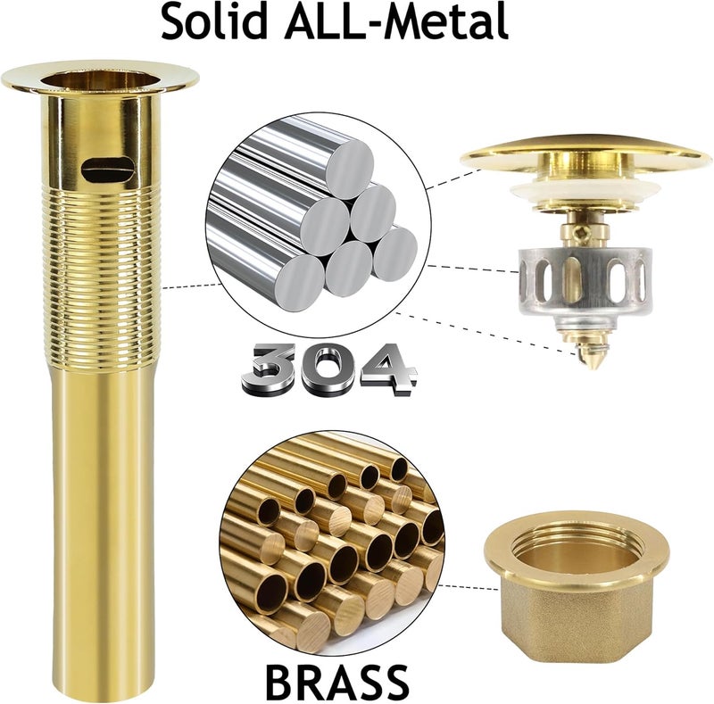 Rackickyer Bathroom Sink Drain, Gold Drain Stopper Bathroom Sink with Overflow,Pop Up Drain Assembly with Detachable Strainer Basket,Built-in Anti-Clogging Strainer,Stainless Steel Gold - Image 2